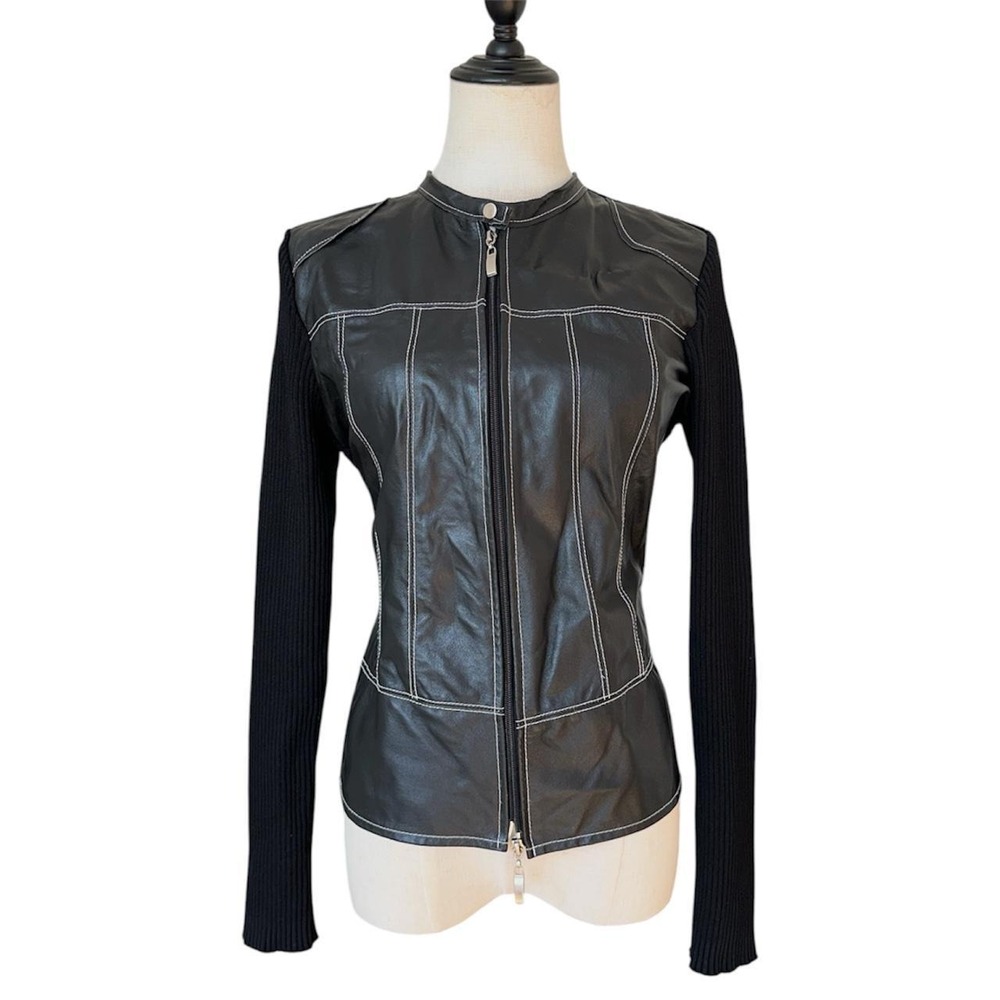 Katherine Barclay Y2K Genuine Leather & Ribbed Knit Zip-Up Jacket – Black